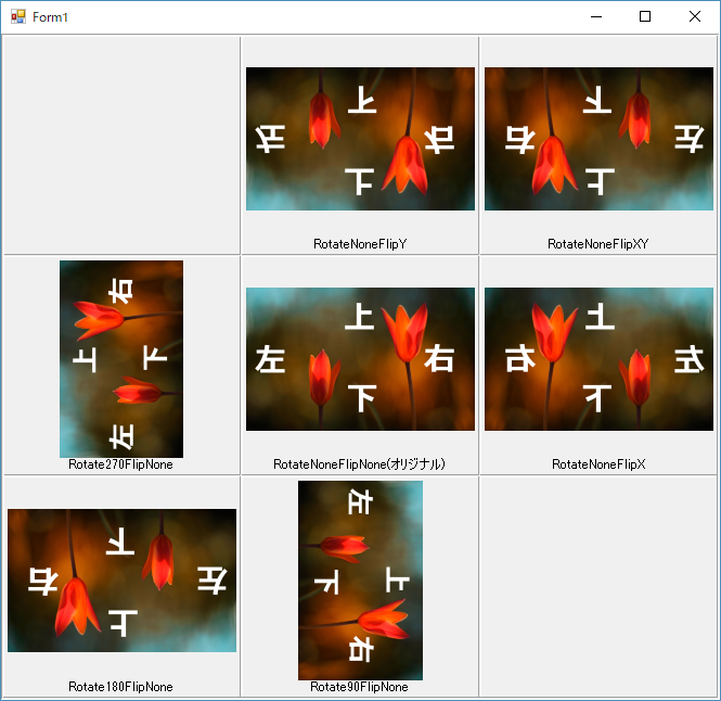 【C#】画像の上下左右反転、90,180,270度回転